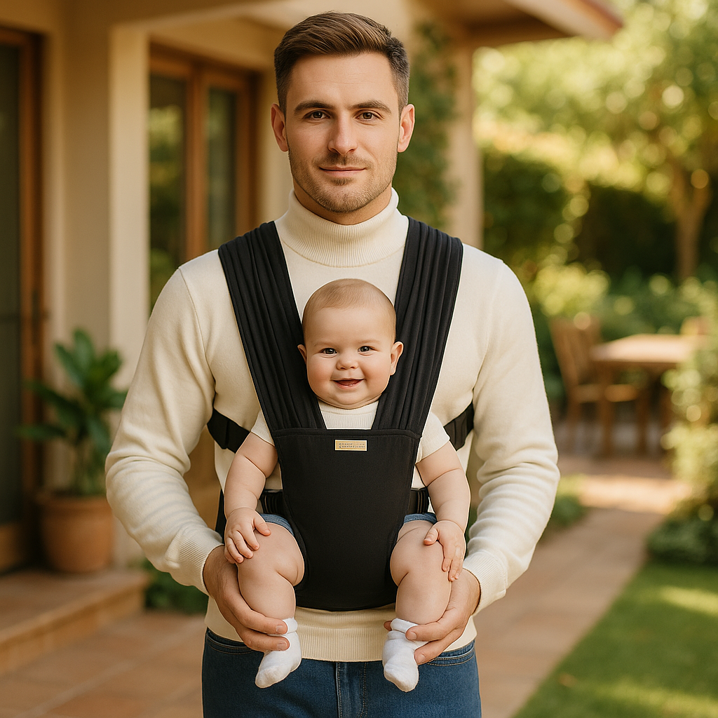 Echarpe-de-portage-papa-bebe-dans -le jardin