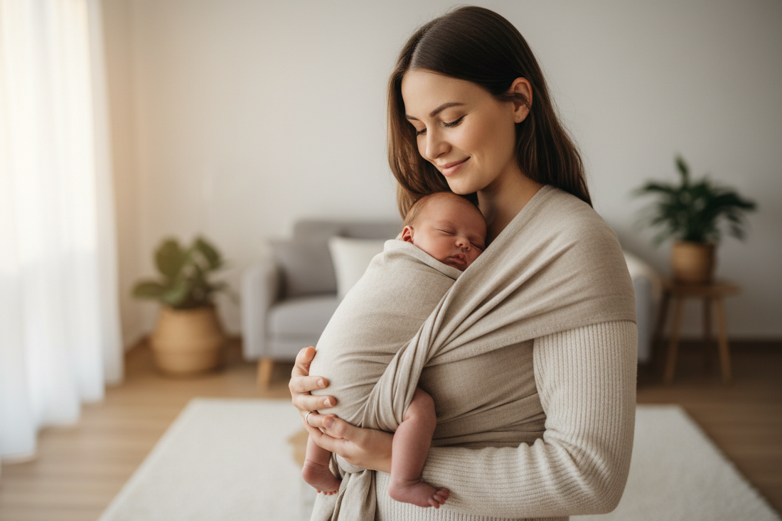 Maman portant son bébé contre elle avec une écharpe de portage beige dans un salon lumineux