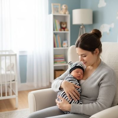 Maman tenant son bébé emmailloté dans une couverture rayée, illustrant les bienfaits de l'emmaillotage pour le confort et le sommeil de bébé