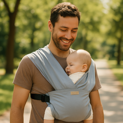 Écharpe de portage bébé confort physiologique Papa et bébé se promenant dans un Parc 
