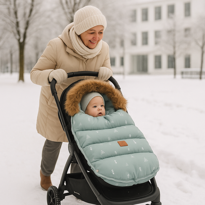 Chancelière verte avec fourrure grand mère avec bebe se promenant dans la ville en neige 