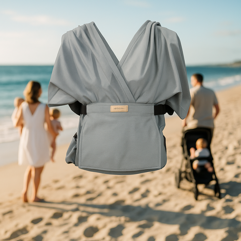 Escharpe de portage grise avec parents sur la plage 