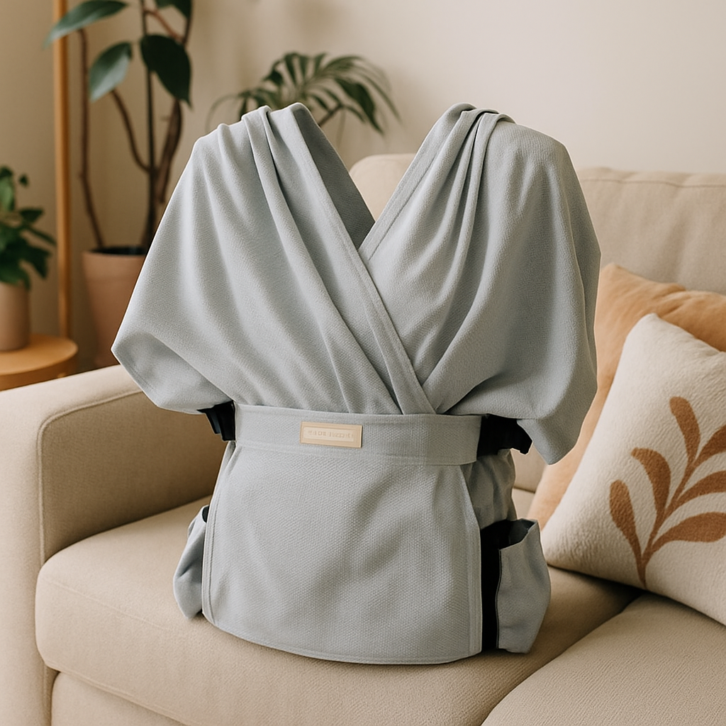 Echarpe de portage grise en position sur le salon 