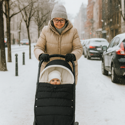 grand-mère-avec-bebe-en-poussette-dans-la-neige-en-ville