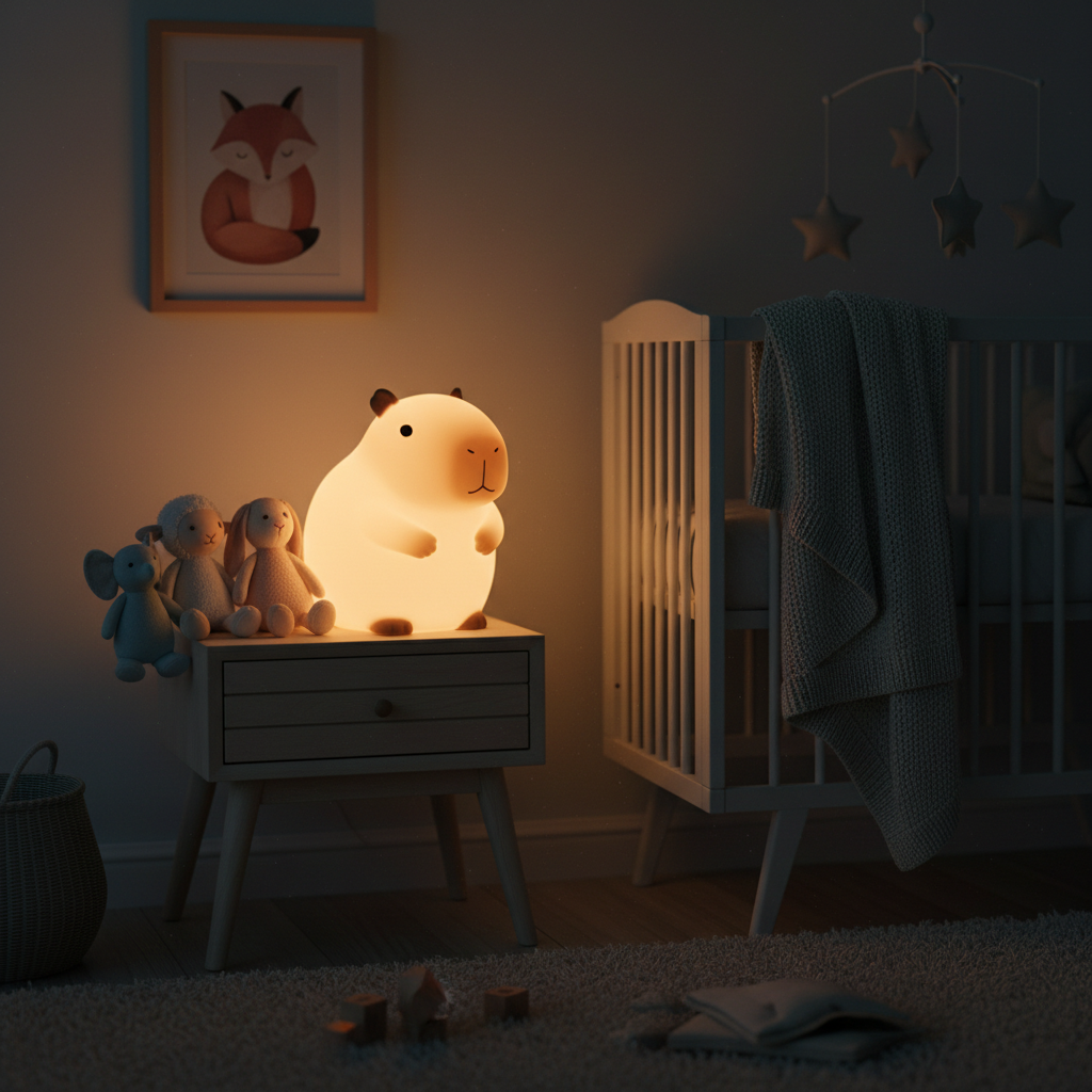 Veilleuse Capybara créant une ambiance douce dans chambre enfant la nuit