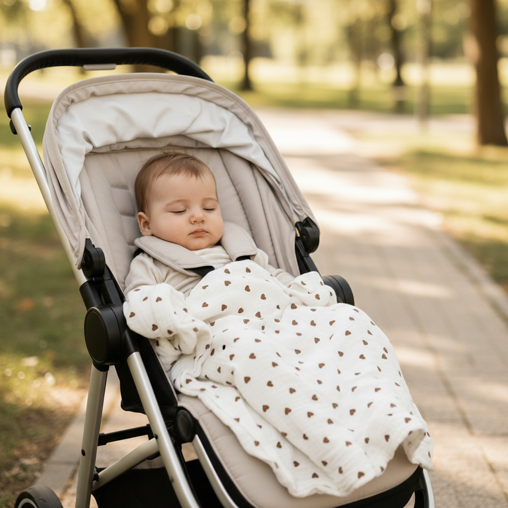 Bébé dans poussette avec couverture mousseline