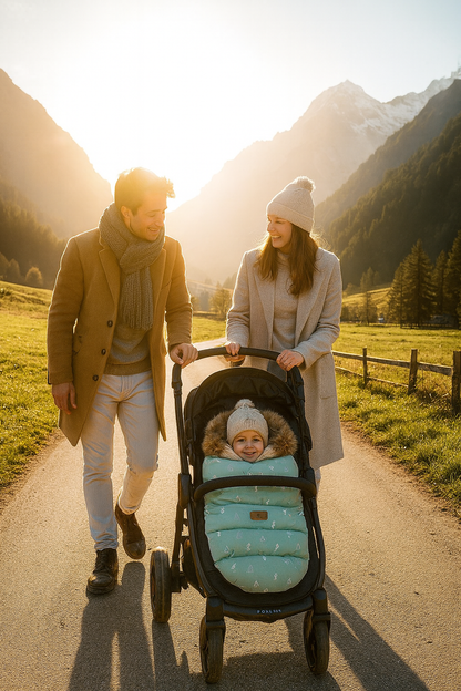 Chancelière verte avec bebe se promenant dans une vallée