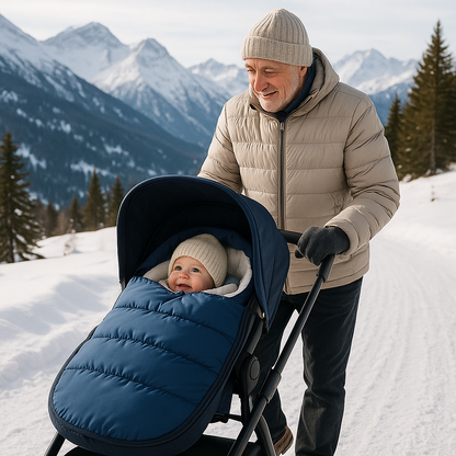 bebe et grand père chancelière bleu dans la neige 