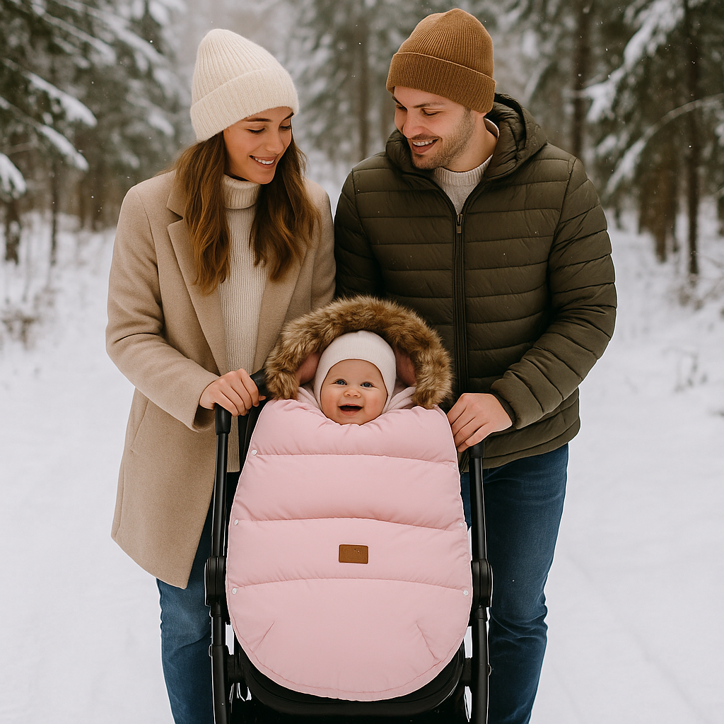 parents avec bebe dans la foret chancelière rose 