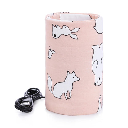 chauffe-biberon-usb-housse-isotherme-rose-motif-renard-et-ours-avec-cable
