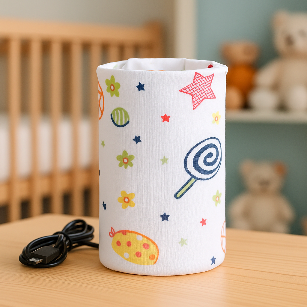 chauffe-biberon-usb—housse-isotherme-blanche—motif-bonbons—pose-sur-table-en-bois—dans-chambre-enfant