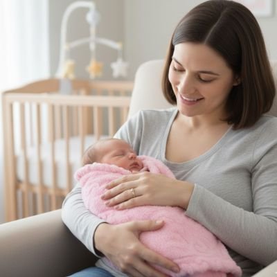 Couverture bébé maman avec bb qui dors dans couverture rose 
