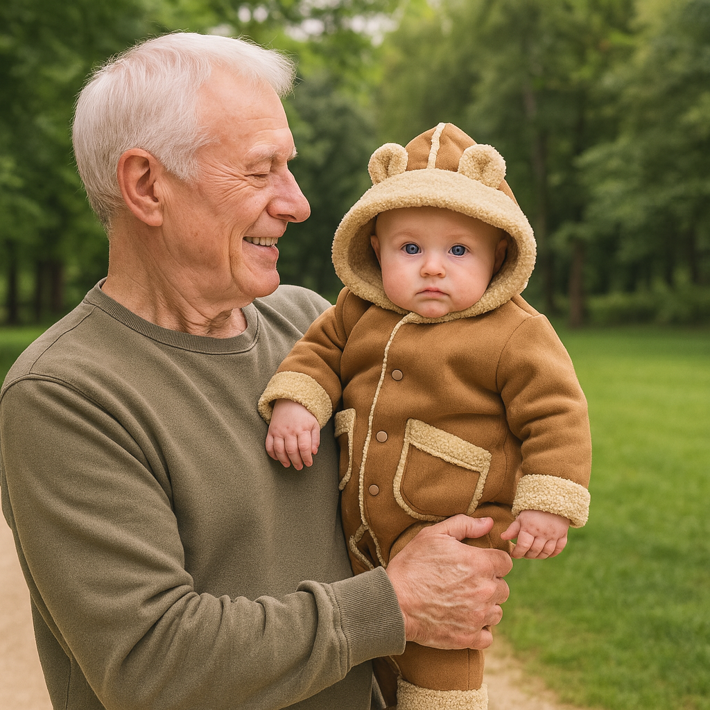 Grand-père tenant bébé en combinaison hiver daim polaire beige avec capuche oreilles d'ourson dans jardin