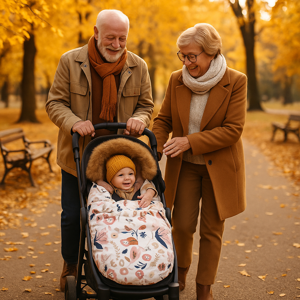 Grand parents avec bebe chancelière fleurs dans le parc 