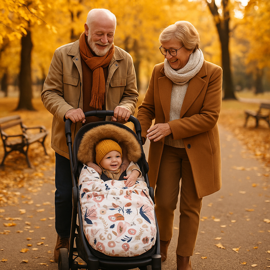 Grand parents avec bebe chancelière fleurs dans le parc 