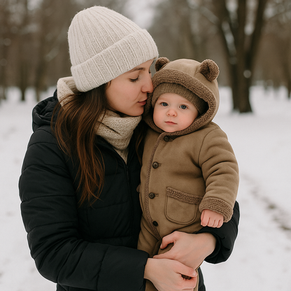 Maman portant bébé fille en combinaison hiver daim polaire avec capuche oreilles d'ourson dans parc enneigé

