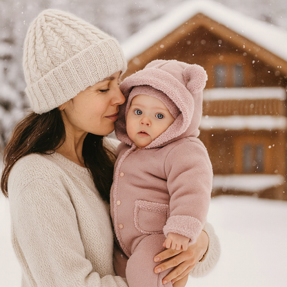 Maman portant bébé fille en combinaison hiver daim polaire rose pastel devant chalet en bois dans parc enneigé

