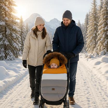 Chanceliere  yellow white grey avec parents se promene dans la neige 
