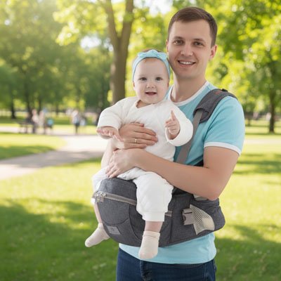 Porte bebe papa et bebe se promenant dans un parc 