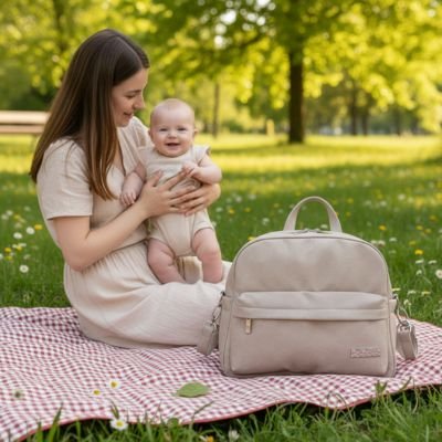 Sac a langer maman avec bebe dans les bras pose dans un par sur pelouse verte