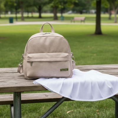 Sac a langer beige poser sur une table jardin dans un parc 