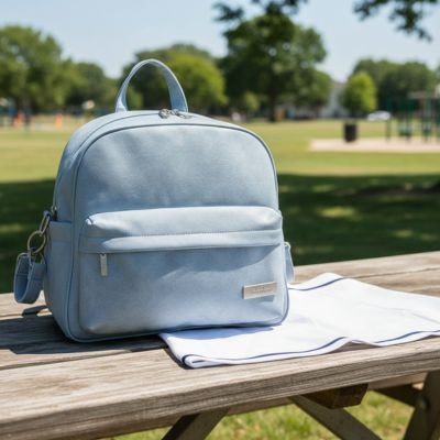 Sac a langer bleu ciel sur table parc 