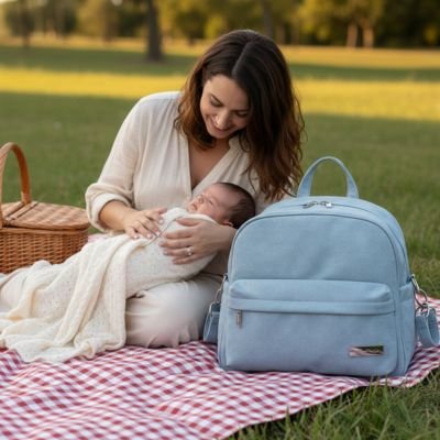 Sac a langer maman et bebe poser sur une couverture dans un parc pelouse verte 