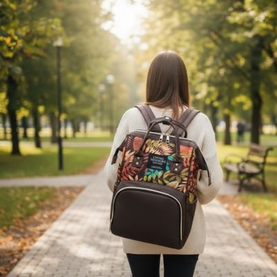 Sac a langer sac a dos brun sur le dos d une maman 
