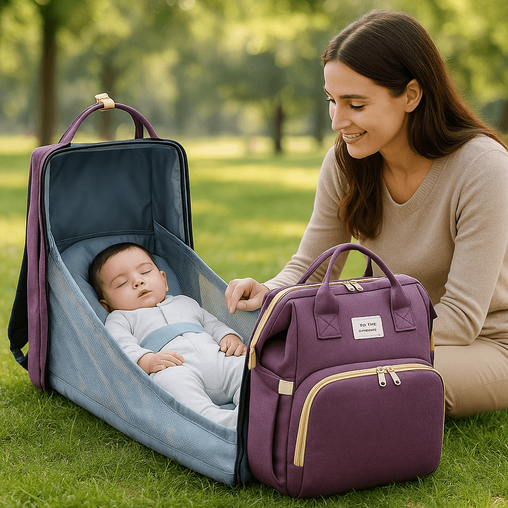 sac a dos a langer maman et bebe dors dans un parc 