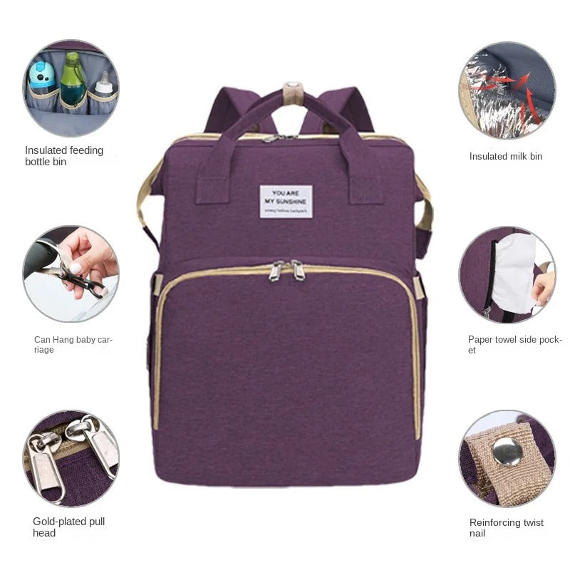 sac a dos a langer avec photo montrant les fonctionnalités du sac mauve 