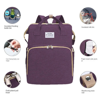 sac a dos a langer avec photo montrant les fonctionnalités du sac mauve 