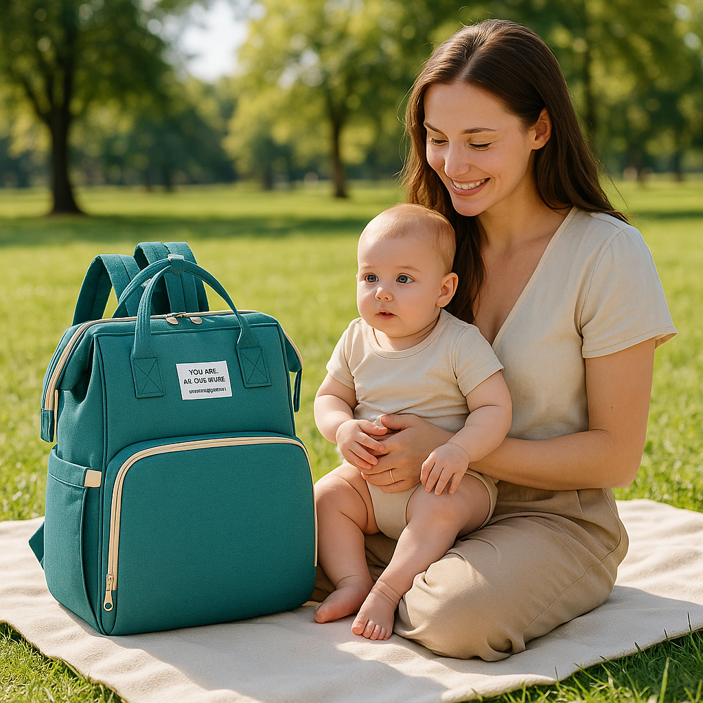 sac a d os a langer vert maman et bebe dans un Parc 