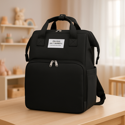 sac a dos a langer noir posé sur une table dans chambre d'enfant 